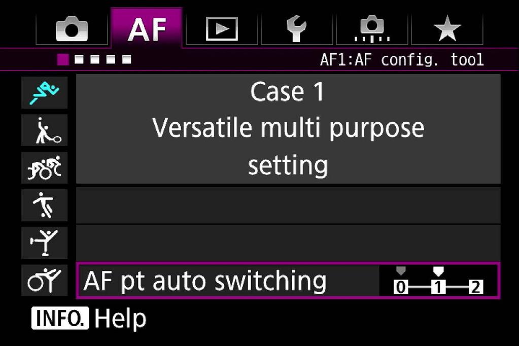 CONTENTS Chapter 1 Chapter 2 Chapter 3 AF pt auto switching characteristics The [AF pt auto switching] parameter is used for setting characteristics of AF point switching when the subject has a lot