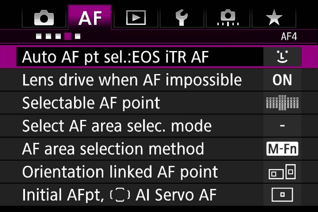 CONTENTS Chapter 1 Chapter 2 Chapter 3 Chapter 4 Chapter 5 Chapter 6 9 AF4 Includes general settings related to AF point selection Select which and how AF points are selected.
