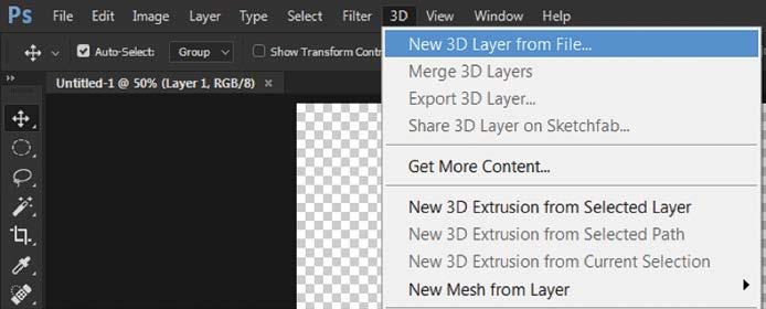 2. With a Photoshop document open, go to the 3D menu and click on New 3D Layer from File.