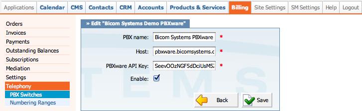 Configuring TELCOware 36 PBX name: Enter the PBXware switch name, for example Bicom Systems Demo PBXware. Host: Enter the host for the PBXware switch.