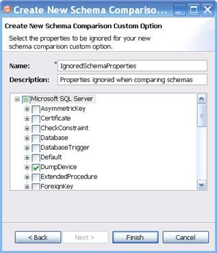 COMPARING SCHEMAS 5. Click Finish. 6. Open a schema comparison job Options tab. 7. Under Custom Options, select the custom option.