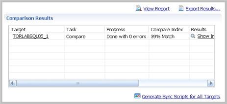 COMPARING SCHEMAS When the job is complete, the Comparison Results pane shows information about the comparison.