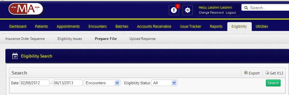 The Eligibility Search page will be displayed. Click Search 3.