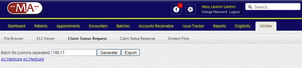 5. Click the View Raw File option. 12.3 Claim Status Request Requesting for the claim status is very easy. 1. Navigate to Utilities tab in the main navigation bar.
