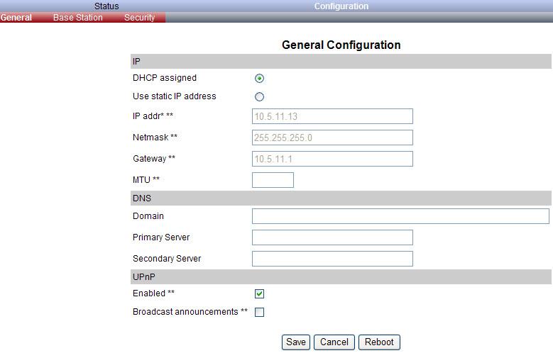 9.4 Configuring the Base Station Using DHCP This section describes how to configure a base station using DHCP. )) It is strongly recommended to configure the base station using DHCP. 9.4.1 General Configuration On the General Configuration page, you can define DNS settings for the base station.