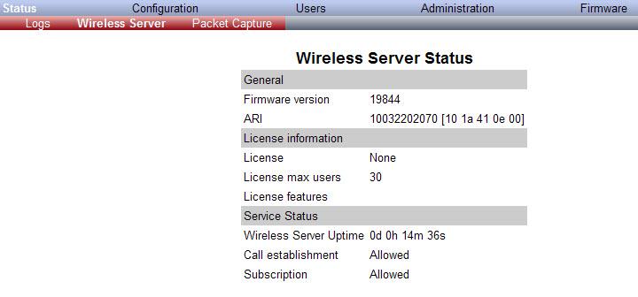 12.1.2.3 Wireless Server Information This page provides information about the firmware version, ARI code, license information, and service status of the Server 6000.