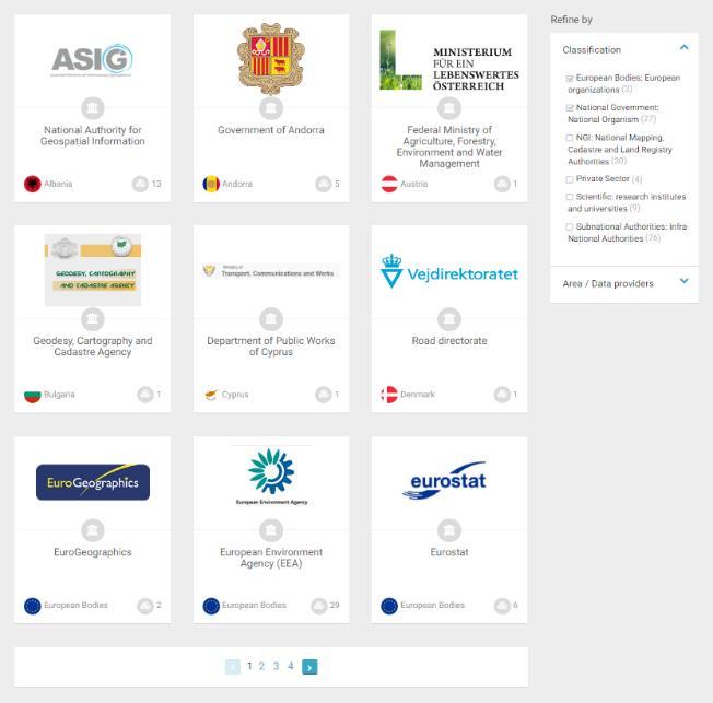 they are listed next to the authority s logo and country flags. All the datasets are available in only one click and the user has direct access to the data provider geoportal.