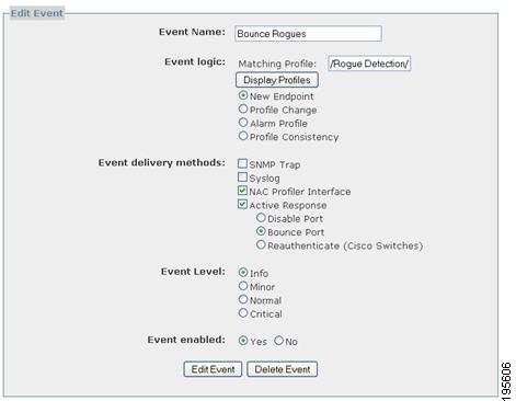 Chapter 12 Configuring Cisco NAC Profiler Event Delivery via SNMP Trap Figure 12-4 Edit Event Form The form is populated with the current (last saved) NAC Profiler event parameters which can be