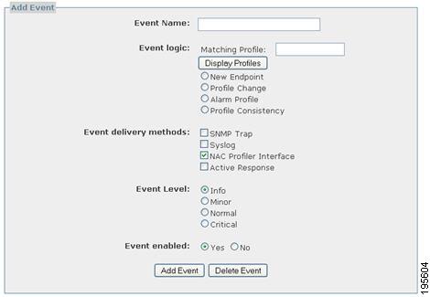Chapter 12 Create Cisco NAC Profiler Events Selecting Create Events results in the displayed of the Add Event form illustrated in Figure 12-2.