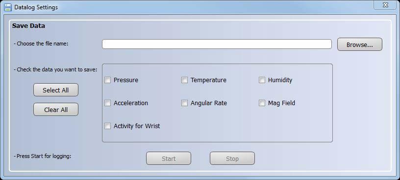 window: you can select which sensor and activity data to save in files.