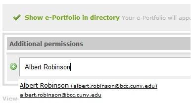 Additional Permissions: Type in and select the names of faculty or students you want to add as members of your eportfolio.