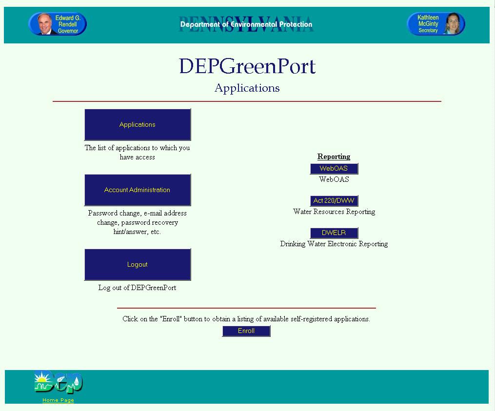 2. After logging on to DEPGreenPort, the DEPGreenPort Applications screen will be displayed. On the left are three large buttons: Applications, Account Administration, and Logout.