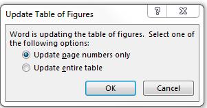 If you need to make an update, right-click anywhere on the List of Tables, which will bring up the Update Table of Figures dialog box.