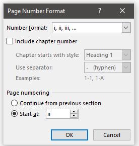Preliminary page numbers begin with a lower-case Roman numeral ii and run consecutively throughout the preliminary pages. Follow the directions immediately above to insert page numbers.