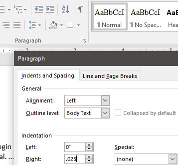 Alternatively, once you ve finalized the entries in your Table of Contents, you may highlight the entries, go to Paragraph in the ribbon, and shift the right margin from there.