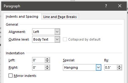 If you are generating your References list manually, use Paragraph settings to ensure indenting conventions are