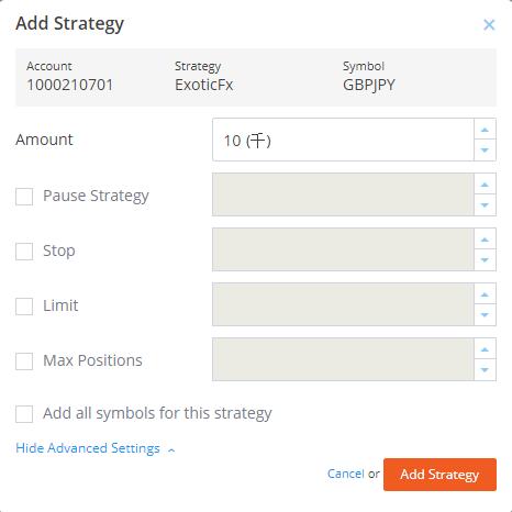 Clicking on the ADD button will open the Add Strategy box. In this box, it can be determined under what trading conditions a strategy will be added to the portfolio.