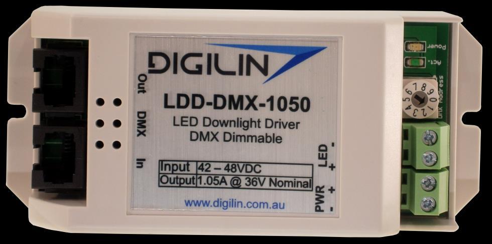 Installation Power LED (Red) Activity LED (Green) DMX Address Installation of the LDD-DMX is a simple process. 1. Connect the DMX input (and output if required) 2. Set DMX address 3.