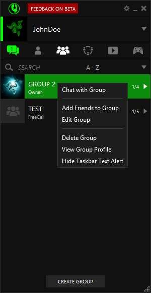 As a member of a group, right-clicking on it presents you with various options, including: Opening the chat window for the group Leave the group View the group profile.