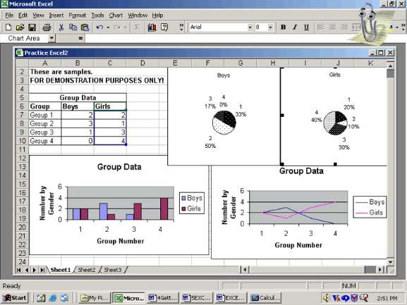 FOR TEACHER USE This is a screen print of the Excel sample spreadsheet and computer-generated graphs through the Chart Wizard.