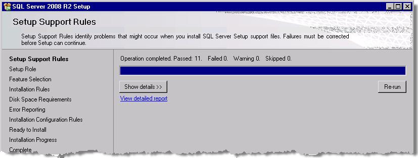 WinPM.Net 6.0 Installation Guide Installing SQL Server The Setup Support Rules page opens after the installation of the files showing the validation results.