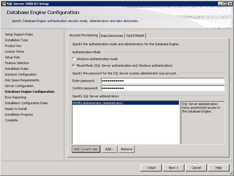 WinPM.Net 6.0 Installation Guide Installing SQL Server 9. On the Account Provisioning tab of the Database Engine Configuration page, select Mixed Mode.