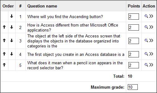 6. Click on the Add to exam icon (the two left pointing angle brackets) to transfer questions from the available questions to the exam.