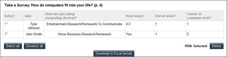 3. Select the checkbox next to the name of the student or instructor whose Survey response you want to delete.