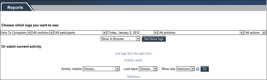 4. Click the Get these logs button. Additional options on the Reports page include: View a log of activity for the past hour. View an activity report.
