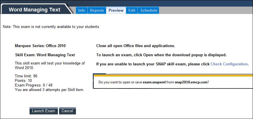 Note: The example image shown on the Preview page will reflect what browser you are using. The above example is for Internet Explorer 9. 5. Click on the Launch Exam button. 6.