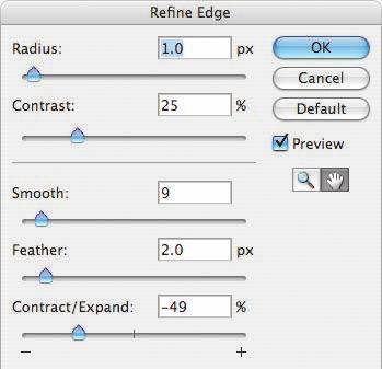 6 To prepare the edge for a drop shadow, set Contrast to 25, Smooth to 9, Feather to 2, and Contract/Expand to -49.