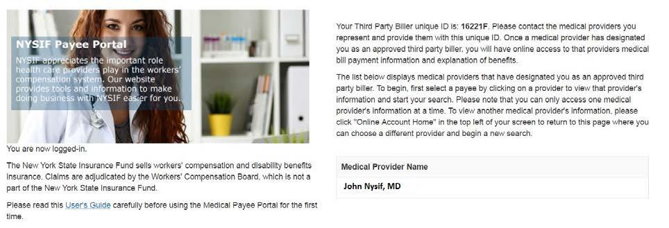Third-Party Biller Landing Page; Search Options On your landing page, your unique ID number will be provided. This is the ID you must provide to medical payees for whom you provide billing services.