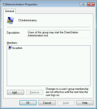 4 Administration Regarding 21 CFR Part 11 Compliance ChemStation Administration Tool 3 Under Groups, right-click the group CSAdministrator and select Add to Group... from the context menu.