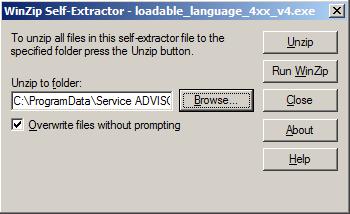 1. Place language files in the appropriate directory on Service ADVISOR computer a) Run the exe-file which will open the following dialog: b) Click Browse button and navigate to one of the following