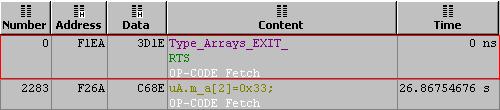 Figure 49. Trace Window results - problematic code allocated The problematic code is allocated at address 0xF1EA and 0xF26A.