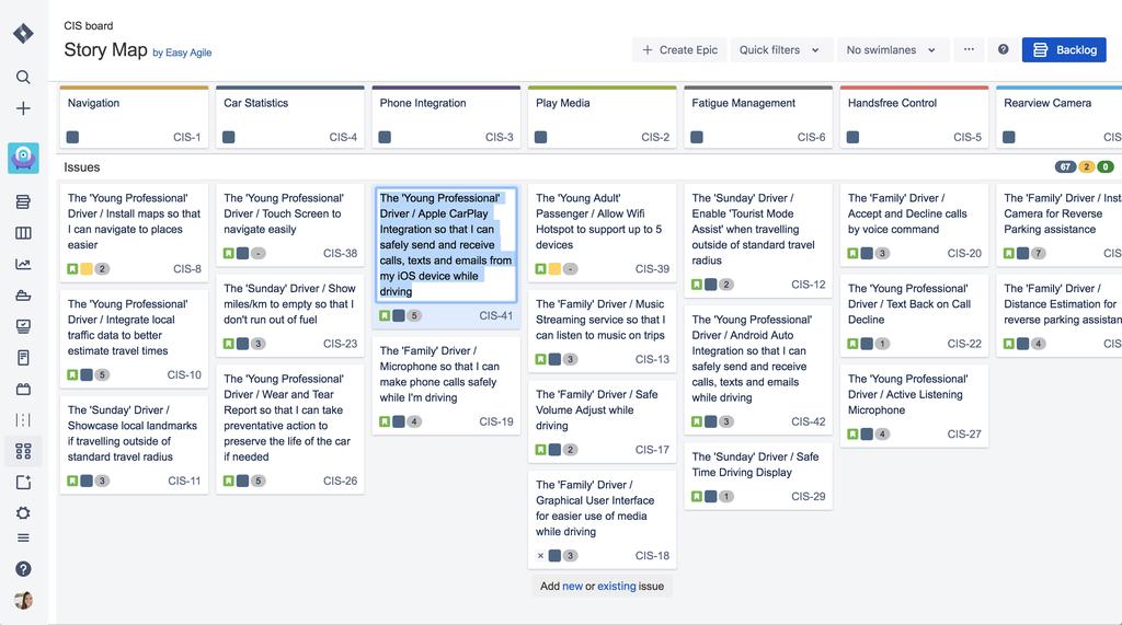 Refining the Backlog - Summary & Estimation The ability to inline edit the estimate and summary of an issues is simple inside the story map.