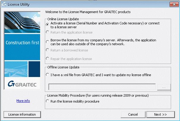 Activating a license Once the software is installed, you must activate a license to use it. Starting the activation process The activation process starts at first launch of GRAITEC Advance.