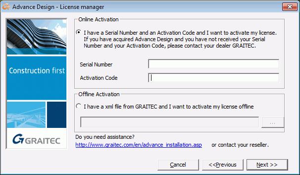2. Enter the serial number and the activation code. Click Next. Figure 14: Selection of the activation method 3.
