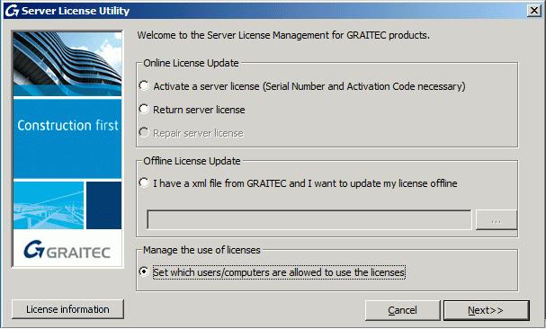 Creating the options file The options file can be created using the Server License Utility. 1. Start the Server License Utility. 2.