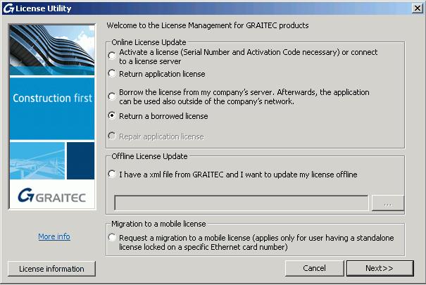 Returning a borrowed license before the expiry date 1. From the Windows start menu, select All Programs > Graitec > Advance Design 20
