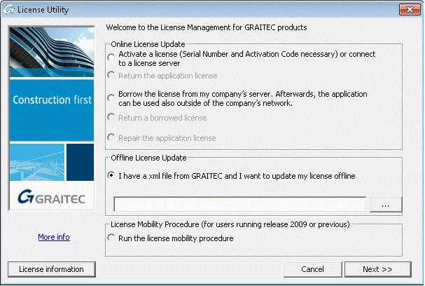 3. Read the message in the next dialog box and click Next. Figure 59: Offline procedure 4. Save the created.xml file containing the information required for repairing the license on the hard drive. 5. The file is automatically sent to GRAITEC at license.