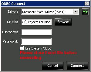 Once the Driver is selected, the ODBC Connect window will vary, depending on what type of Driver was selected. 4.4.2.