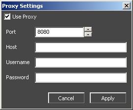 5.4.2 Fill in the Port, Host, Username, and Password required for a connection to be made through the internet. 5.4.3 Once the correct Proxy Settings are filled in, select the Apply button, or to close the window without saving the settings, select Cancel.