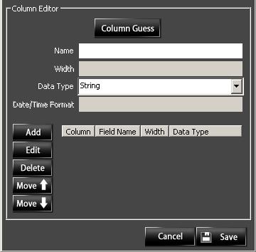 6.2.5 Column Editor 6.2.5.1 Once the information in the Field Layout panel is correct, the columns of the Data Text File can be Defined in the Column Editor panel.