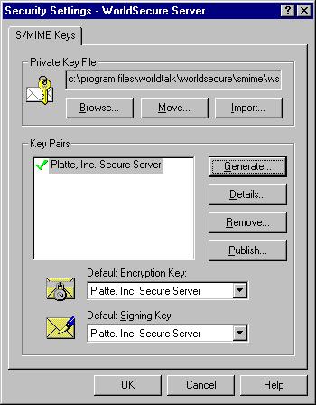 Configuring Proxy Security 2 Generate a key pair and certificate for WorldSecure. 1 Click Manage S/MIME Keys... to open the Security Settings dialog box.