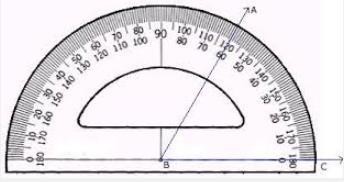 1) Place the protractor in such a way that the midpoint of the straight edge of the protractor coincides with point B.