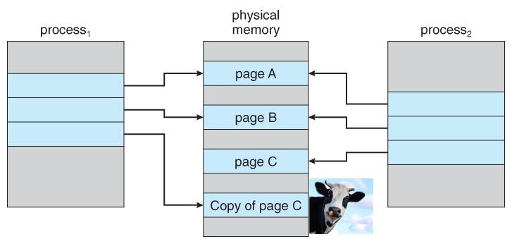 10 Fork, Shared Pages, Copy on Write (COW Pages) If neither process writes to the page, sharing doesn t matter If either process writes, OS will make a copy and remap addresses to