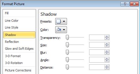 Right click and select the Format Picture command. Select the Shadow side tab from the dialog box displayed.