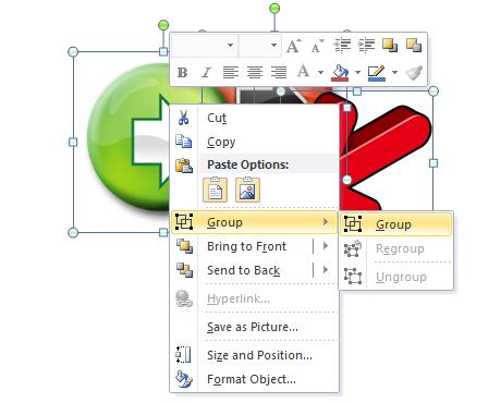 PowerPoint 2010 Foundation Page 130 Right click over the selected objects and from the popup menu displayed select the Group command. From the submenu select the Group command.