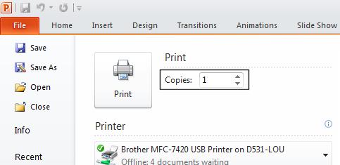 PowerPoint 2010 Foundation Page 200 Selecting a different printer Normally a default printer is setup for your computer, but you may have access